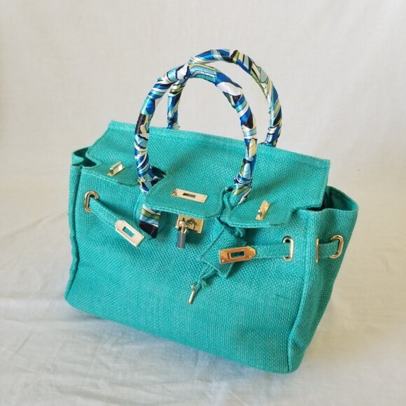 NWOT! Woven Jute Tote Handbag Purse with Scarf Handle and Lockable Front Straps - Picture 6 of 14